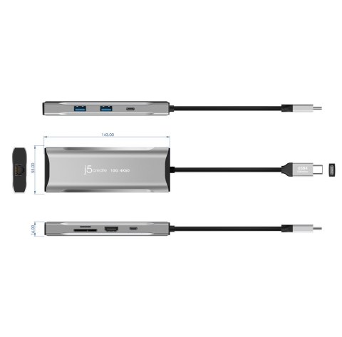 Stacja dokująca j5create 4K60 Elite USB-C 10Gbps Mini Dock 1x4K HDMI/2xUSB 3.1/2xUSB-C/Card Reader/1xRJ45 Gigabit; kolor srebrny Stacja dokująca j5create 4K60 Elite USB-C 10Gbps Mini Dock 1x4K HDMI/2xUSB 3.1/2xUSB-C/Card Reader/1xRJ45 Gigabit; kolor srebrny