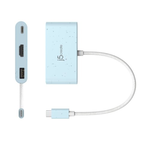 Stacja dokująca j5create Eco-Friendly USB-C to HDMI & USB Type-A with Power Delivery 1xHDMI/1xUSB 3.1/1xUSB-C; kolor niebieski J Stacja dokująca j5create Eco-Friendly USB-C to HDMI & USB Type-A with Power Delivery 1xHDMI/1xUSB 3.1/1xUSB-C; kolor niebieski J