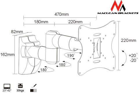 Uchwyt ścienny do monitora Maclean MC-503S (Obrotowy, ścienne, Uchylny; 23" - 42"; max. 30kg) Uchwyt ścienny do monitora Maclean MC-503S (Obrotowy, ścienne, Uchylny; 23" - 42"; max. 30kg)