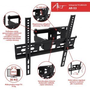 Uchwyt ścienny do telewizora ART AR-53 (narożny, Obrotowy, ścienne, Uchylny - 55"; max. 35kg) Uchwyt ścienny do telewizora ART AR-53 (narożny, Obrotowy, ścienne, Uchylny - 55"; max. 35kg)