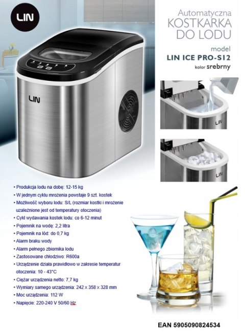 Kostkarka do lodu LIN ICE PRO-S12 srebrna Kostkarka do lodu LIN ICE PRO-S12 srebrna