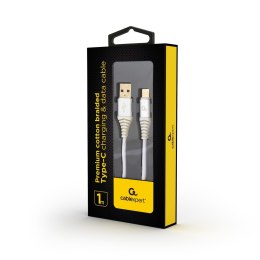 GEMBIRD PREMIUM KABEL USB-C 2.0 (AM/CM) METALOWE WTYKI, OPLOT NYLONOWY 1M, SREBRNO/BIAŁY