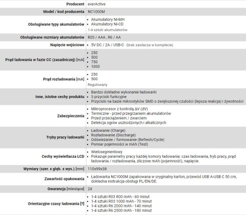 EVERACTIVE ŁADOWARKA AKUMULATORÓW NI-MH, PROFESJONALNA, 4-KANAŁOWA NC1000M EVERACTIVE ŁADOWARKA AKUMULATORÓW NI-MH, PROFESJONALNA, 4-KANAŁOWA NC1000M