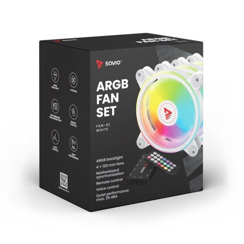 SAVIO ZESTAW 4 WENTYLATORÓW ARGB 120 MM WRAZ Z KONTROLEREM ORAZ PILOTEM FAN-01 WHITE SAVIO ZESTAW 4 WENTYLATORÓW ARGB 120 MM WRAZ Z KONTROLEREM ORAZ PILOTEM FAN-01 WHITE