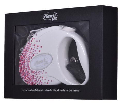 FLEXI Glam Splash Pink z kryształkami Swarovskiego rozm. M - smycz automatyczna - 5 m - biała FLEXI Glam Splash Pink z kryształkami Swarovskiego rozm. M - smycz automatyczna - 5 m - biała
