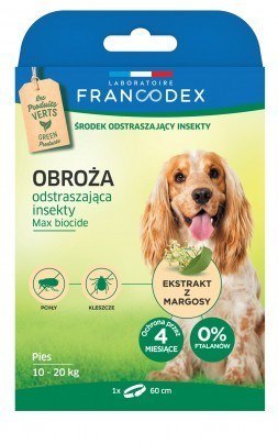 FRANCODEX Obroża dla średnich psów od 10 kg do 20 kg odstraszająca insekty - 4 miesiące ochrony - 60 cm FRANCODEX Obroża dla średnich psów od 10 kg do 20 kg odstraszająca insekty - 4 miesiące ochrony - 60 cm