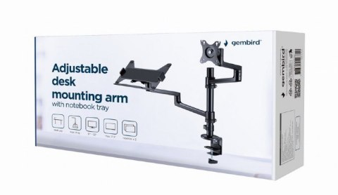 GEMBIRD BIURKOWE REGULOWANE RAMIĘ/UCHWYT NA MONITOR + PODSTAWKA NA NOTEBOOKA 17-32, VESA 100X100MM, DO 8 KG GEMBIRD BIURKOWE REGULOWANE RAMIĘ/UCHWYT NA MONITOR + PODSTAWKA NA NOTEBOOKA 17-32, VESA 100X100MM, DO 8 KG