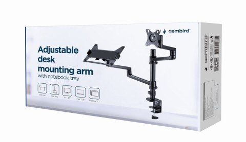 GEMBIRD BIURKOWE REGULOWANE RAMIĘ/UCHWYT NA MONITOR + PODSTAWKA NA NOTEBOOKA 17-32, VESA 100X100MM, DO 8 KG GEMBIRD BIURKOWE REGULOWANE RAMIĘ/UCHWYT NA MONITOR + PODSTAWKA NA NOTEBOOKA 17-32, VESA 100X100MM, DO 8 KG