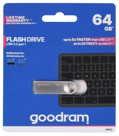 GOODRAM FLASHDRIVE 64GB UNO3 SILVER USB 3.2 Gen 1 GOODRAM FLASHDRIVE 64GB UNO3 SILVER USB 3.2 Gen 1
