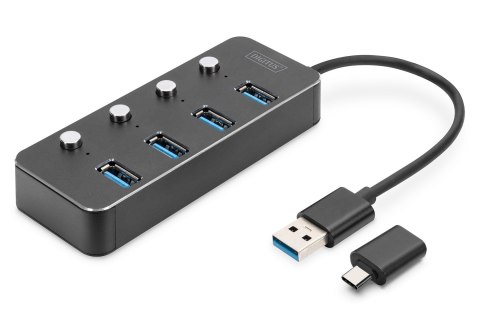 DIGITUS HUB USB 3.0/KONCENTRATOR 4-PORTOWY USB A + ADAPTER USB-C 5GBPS Z WYŁĄCZNIKAMI ALUMINIOWY PASYWNY DA-70247