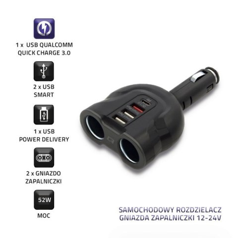 QOLTEC ROZDZIELACZ SAMOCHODOWY GNIAZDA ZAPALNICZKI X2 | 52W | USBX2 | USB QC 3.0 | USB C PD QOLTEC ROZDZIELACZ SAMOCHODOWY GNIAZDA ZAPALNICZKI X2 | 52W | USBX2 | USB QC 3.0 | USB C PD