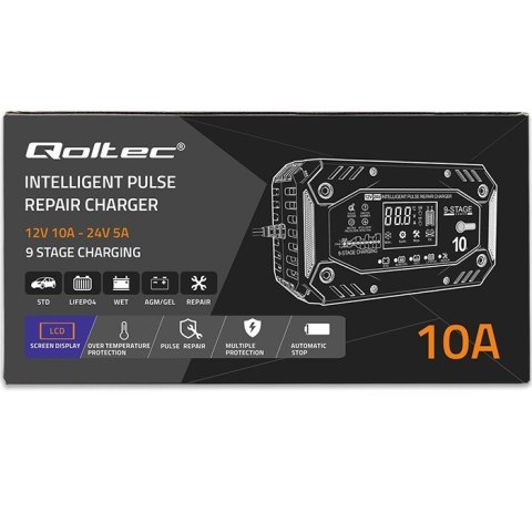 QOLTEC ŁADOWARKA DO AKUMULATORA STD AGM GEL LIFEPO4 | PROSTOWNIK Z FUNKCJĄ NAPRAWY | 12-24V | 10A | LCD|9-STOPNIOWE ŁADOWANIE QOLTEC ŁADOWARKA DO AKUMULATORA STD AGM GEL LIFEPO4 | PROSTOWNIK Z FUNKCJĄ NAPRAWY | 12-24V | 10A | LCD|9-STOPNIOWE ŁADOWANIE