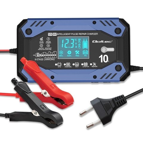 QOLTEC ŁADOWARKA DO AKUMULATORA STD AGM GEL LIFEPO4 | PROSTOWNIK Z FUNKCJĄ NAPRAWY | 12-24V | 10A | LCD|9-STOPNIOWE ŁADOWANIE QOLTEC ŁADOWARKA DO AKUMULATORA STD AGM GEL LIFEPO4 | PROSTOWNIK Z FUNKCJĄ NAPRAWY | 12-24V | 10A | LCD|9-STOPNIOWE ŁADOWANIE