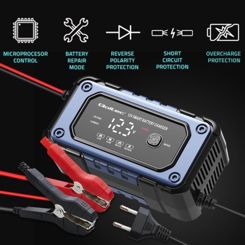 QOLTEC ŁADOWARKA MIKROPROCESOROWA | PROSTOWNIK DO AKUMULATORA Z FUNKCJĄ NAPRAWY | 12V | 6A | LED | 4 TRYBY QOLTEC ŁADOWARKA MIKROPROCESOROWA | PROSTOWNIK DO AKUMULATORA Z FUNKCJĄ NAPRAWY | 12V | 6A | LED | 4 TRYBY