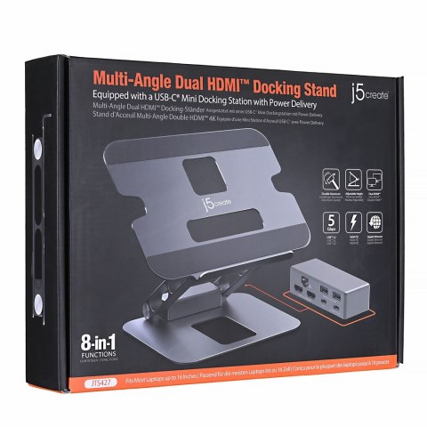 Podstawka ergonomiczna do notebooka ze stacją dokującą j5create Multi-Angle Dual HDMI Docking Stand USB-C 2xHDMI/2xUSB 3.1/1xUSB Podstawka ergonomiczna do notebooka ze stacją dokującą j5create Multi-Angle Dual HDMI Docking Stand USB-C 2xHDMI/2xUSB 3.1/1xUSB
