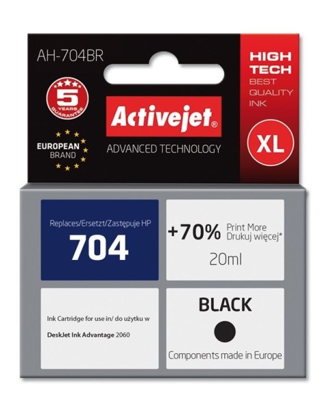 Activejet AH-704BR Tusz (zamiennik HP 704 CN692AE; Premium; 20 ml; czarny) (WYPRZEDAŻ) Activejet AH-704BR Tusz (zamiennik HP 704 CN692AE; Premium; 20 ml; czarny) (WYPRZEDAŻ)