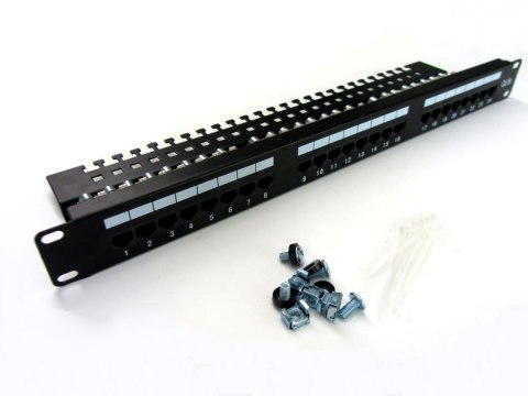 Panel krosowy 19'' 24x RJ45, LSA poziom, kat.5e,nieekranowany,1U,czarny,prowadnica kabli,pola opisow Panel krosowy 19'' 24x RJ45, LSA poziom, kat.5e,nieekranowany,1U,czarny,prowadnica kabli,pola opisow