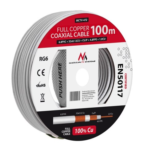 Kabel koncentryczny Maclean, Przewód antenowy satelitarny, RG61.02CU+4.8FPE+CU/P+32*0.12CU+6.8PVC, 100M, MCTV-472 Kabel koncentryczny Maclean, Przewód antenowy satelitarny, RG61.02CU+4.8FPE+CU/P+32*0.12CU+6.8PVC, 100M, MCTV-472