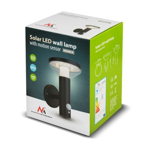 Kinkiet Maclean, Solarny LED z czujnikiem, 3 tryby świecenia, IP44, Bateria Li-ion 18650, 3,7V 1200 mAh, Czarny, MCE455 B Kinkiet Maclean, Solarny LED z czujnikiem, 3 tryby świecenia, IP44, Bateria Li-ion 18650, 3,7V 1200 mAh, Czarny, MCE455 B