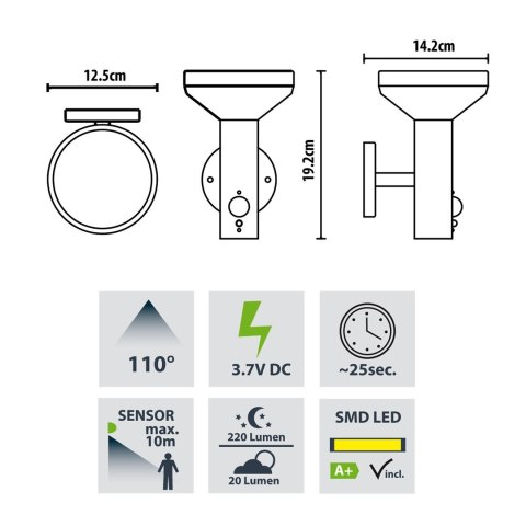 Kinkiet Maclean, Solarny LED z czujnikiem, 3 tryby świecenia, IP44, Bateria Li-ion 18650, 3,7V 1200 mAh, Czarny, MCE455 B Kinkiet Maclean, Solarny LED z czujnikiem, 3 tryby świecenia, IP44, Bateria Li-ion 18650, 3,7V 1200 mAh, Czarny, MCE455 B