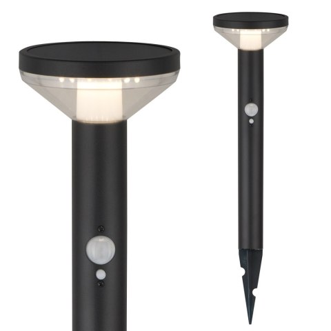 Solarna lampa LED Maclean, z czujnikiem, 3 tryby, wbijana, Li-ion 18650, IP44, 3,7V, 1200 mAh, Czarna, MCE465 B Solarna lampa LED Maclean, z czujnikiem, 3 tryby, wbijana, Li-ion 18650, IP44, 3,7V, 1200 mAh, Czarna, MCE465 B