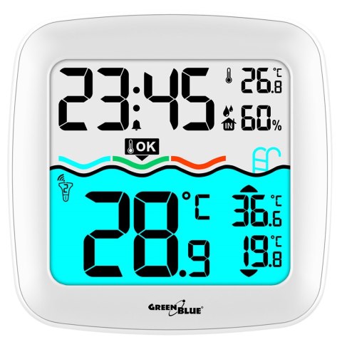 Stacja pogodowa z termometrem basenowym GreenBlue, zasięg 60m, czujnik pływający, temperatura, godzina, kalendarz, DCF, GB216 Stacja pogodowa z termometrem basenowym GreenBlue, zasięg 60m, czujnik pływający, temperatura, godzina, kalendarz, DCF, GB216