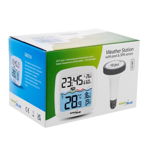 Stacja pogodowa z termometrem basenowym GreenBlue, zasięg 60m, czujnik pływający, temperatura, godzina, kalendarz, DCF, GB216 Stacja pogodowa z termometrem basenowym GreenBlue, zasięg 60m, czujnik pływający, temperatura, godzina, kalendarz, DCF, GB216
