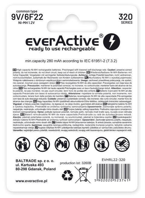 Akumulatorek 6F22 Ni-MH everActive 9V 320mAh Professional Line (1 szt.) Akumulatorek 6F22 Ni-MH everActive 9V 320mAh Professional Line (1 szt.)