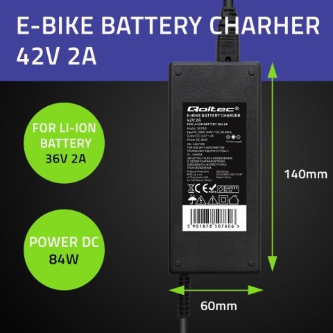 Qoltec Ładowarka do baterii roweru elektrycznego 36V | 42V | 2A | 5.5*2.1 Qoltec Ładowarka do baterii roweru elektrycznego 36V | 42V | 2A | 5.5*2.1