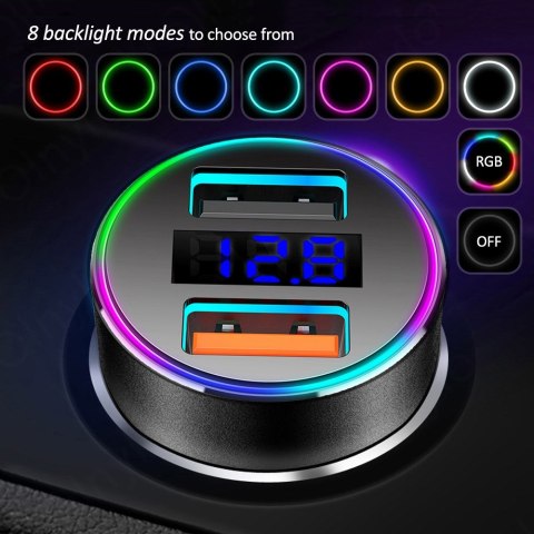 Ładowarka samochodowa Maclean, z wyświetlaczem, aluminiowa, voltomierz, USB 1x QC 3.0, USB 1x 5V/2.4A, RGB LED, MCE375 Ładowarka samochodowa Maclean, z wyświetlaczem, aluminiowa, voltomierz, USB 1x QC 3.0, USB 1x 5V/2.4A, RGB LED, MCE375