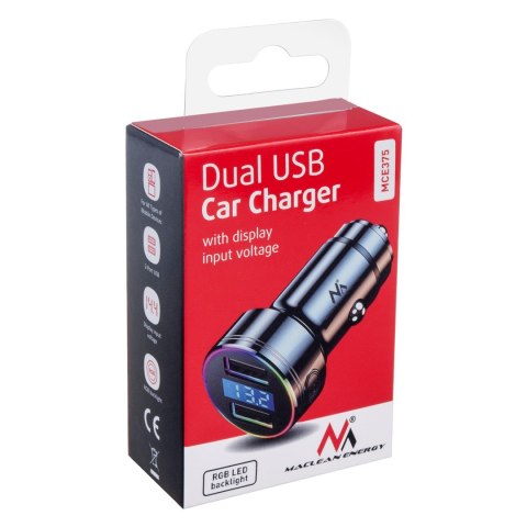 Ładowarka samochodowa Maclean, z wyświetlaczem, aluminiowa, voltomierz, USB 1x QC 3.0, USB 1x 5V/2.4A, RGB LED, MCE375 Ładowarka samochodowa Maclean, z wyświetlaczem, aluminiowa, voltomierz, USB 1x QC 3.0, USB 1x 5V/2.4A, RGB LED, MCE375