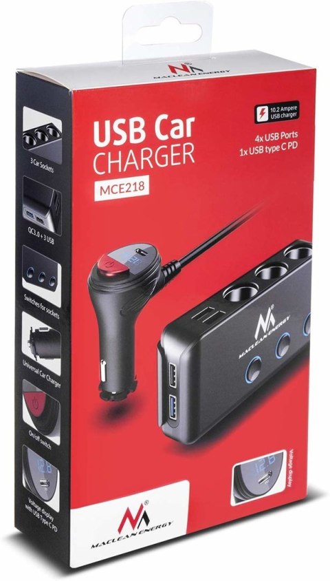 Rozdzielacz gniazda zapalniczki samochodowej Maclean, woltomierz, 3 gniazda zapalniczki, 1xQC 3.0, 3xUSB, 6.8A, 1xPD 18W, max 12 Rozdzielacz gniazda zapalniczki samochodowej Maclean, woltomierz, 3 gniazda zapalniczki, 1xQC 3.0, 3xUSB, 6.8A, 1xPD 18W, max 12