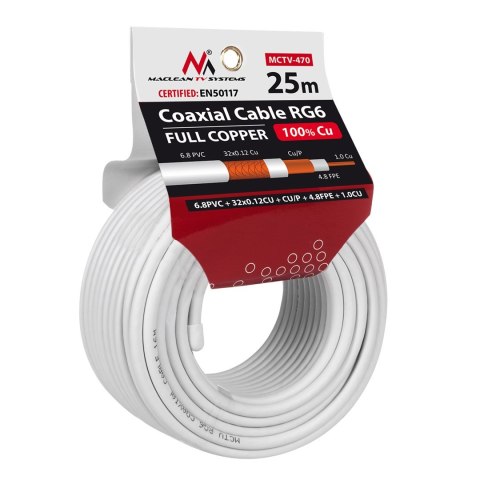 Kabel koncentryczny Maclean, Przewód antenowy satelitarny, RG6 1.02CU+4.8FPE+CU/P+32*0.12CU+6.8PVC, 25M, MCTV-470 Kabel koncentryczny Maclean, Przewód antenowy satelitarny, RG6 1.02CU+4.8FPE+CU/P+32*0.12CU+6.8PVC, 25M, MCTV-470