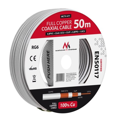 Kabel koncentryczny Maclean, Przewód antenowy satelitarny, RG6 1.02CU+4.8FPE+CU/P+32*0.12CU+6.8PVC, 50M, MCTV-471 Kabel koncentryczny Maclean, Przewód antenowy satelitarny, RG6 1.02CU+4.8FPE+CU/P+32*0.12CU+6.8PVC, 50M, MCTV-471
