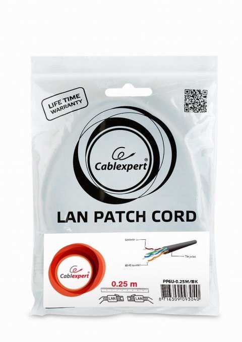 PATCH CABLE CAT6 UTP 0.25M/PP6U-0.25M/BK GEMBIRD PATCH CABLE CAT6 UTP 0.25M/PP6U-0.25M/BK GEMBIRD