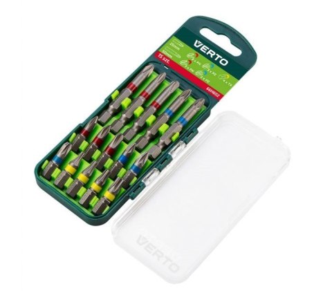 Zestaw bitów 15 szt., 25 mm - 3 x PH, 3 x PZ, 4 x TX + 50 mm - 3 x PH, 2 x PZ Zestaw bitów 15 szt., 25 mm - 3 x PH, 3 x PZ, 4 x TX + 50 mm - 3 x PH, 2 x PZ