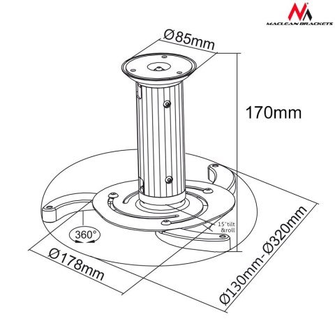 Uchwyt sufitowy do projektora Maclean, 80-170mm, 10kg, MC-515 S Uchwyt sufitowy do projektora Maclean, 80-170mm, 10kg, MC-515 S