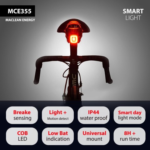 Lampka LED Maclean, Rowerowa tylna, Sensor zmierzchu, USB AUTO STOP COB, Max.125lm, Acu 450mAh, MCE355 Lampka LED Maclean, Rowerowa tylna, Sensor zmierzchu, USB AUTO STOP COB, Max.125lm, Acu 450mAh, MCE355