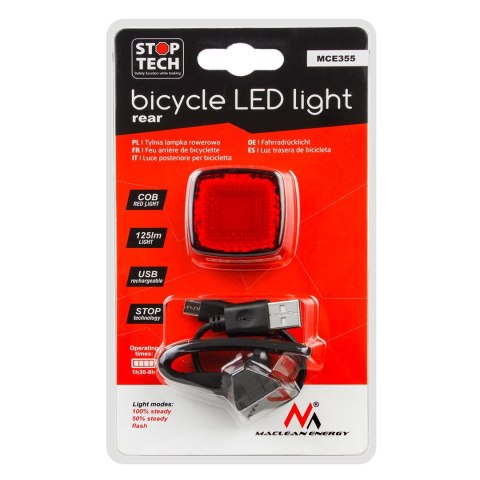 Lampka LED Maclean, Rowerowa tylna, Sensor zmierzchu, USB AUTO STOP COB, Max.125lm, Acu 450mAh, MCE355 Lampka LED Maclean, Rowerowa tylna, Sensor zmierzchu, USB AUTO STOP COB, Max.125lm, Acu 450mAh, MCE355