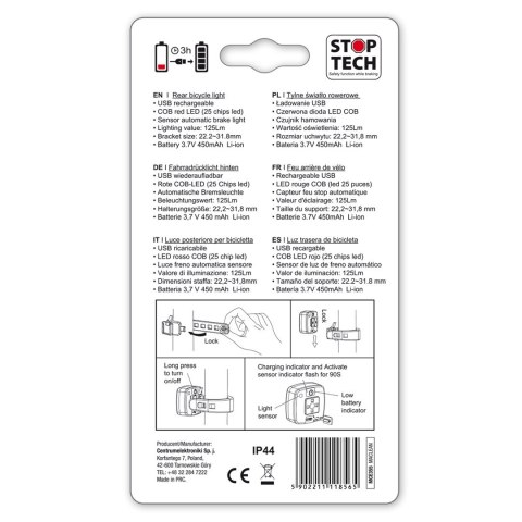 Lampka LED Maclean, Rowerowa tylna, Sensor zmierzchu, USB AUTO STOP COB, Max.125lm, Acu 450mAh, MCE355 Lampka LED Maclean, Rowerowa tylna, Sensor zmierzchu, USB AUTO STOP COB, Max.125lm, Acu 450mAh, MCE355