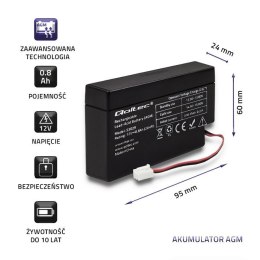 Qoltec Akumulator AGM | 12V | 0.8Ah | Bezobsługowy | Wydajny | LongLife | do zabawek, pojazdów