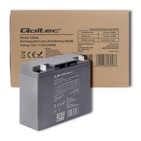 Qoltec Akumulator AGM | 12V | 17Ah | Bezobsługowy | Wydajny | LongLife | do UPS, skutera