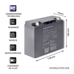 Qoltec Akumulator AGM | 12V | 17Ah | Bezobsługowy | Wydajny | LongLife | do UPS, skutera