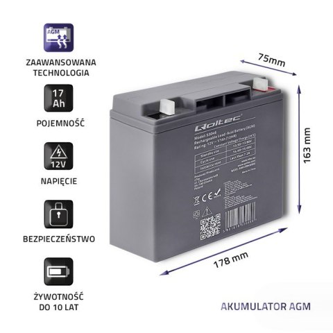 Qoltec Akumulator AGM | 12V | 17Ah | Bezobsługowy | Wydajny | LongLife | do UPS, skutera Qoltec Akumulator AGM | 12V | 17Ah | Bezobsługowy | Wydajny | LongLife | do UPS, skutera