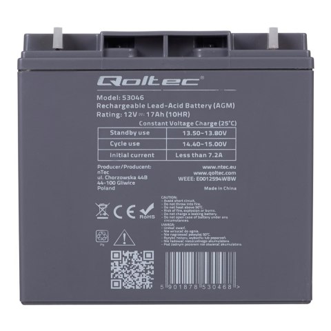 Qoltec Akumulator AGM | 12V | 17Ah | Bezobsługowy | Wydajny | LongLife | do UPS, skutera Qoltec Akumulator AGM | 12V | 17Ah | Bezobsługowy | Wydajny | LongLife | do UPS, skutera