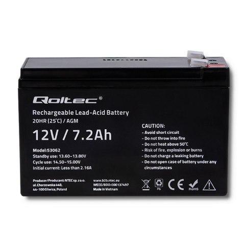 Qoltec Akumulator AGM | 12V | 7.2Ah | Bezobsługowy | Wydajny | LongLife | do UPS, security Qoltec Akumulator AGM | 12V | 7.2Ah | Bezobsługowy | Wydajny | LongLife | do UPS, security