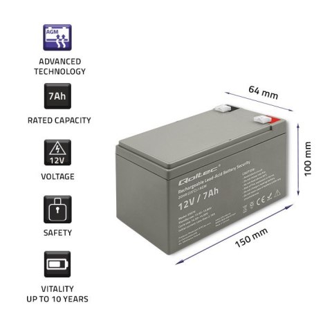 Qoltec Akumulator AGM | 12V | 7Ah | Bezobsługowy | Wydajny | LongLife | do UPS, security Qoltec Akumulator AGM | 12V | 7Ah | Bezobsługowy | Wydajny | LongLife | do UPS, security