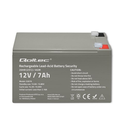 Qoltec Akumulator AGM | 12V | 7Ah | Bezobsługowy | Wydajny | LongLife | do UPS, security Qoltec Akumulator AGM | 12V | 7Ah | Bezobsługowy | Wydajny | LongLife | do UPS, security