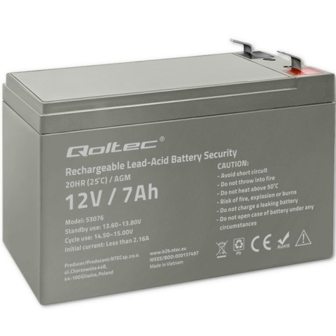 Qoltec Akumulator AGM | 12V | 7Ah | Bezobsługowy | Wydajny | LongLife | do UPS, security Qoltec Akumulator AGM | 12V | 7Ah | Bezobsługowy | Wydajny | LongLife | do UPS, security
