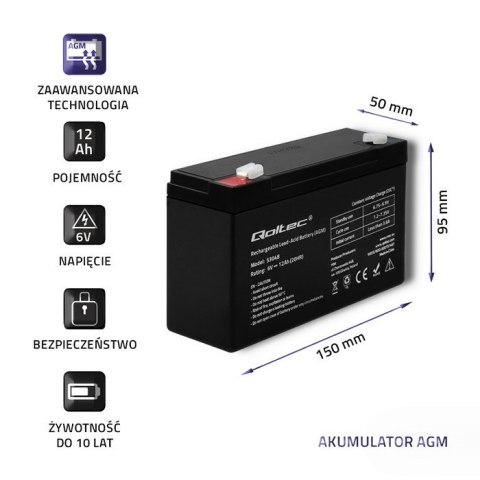 Qoltec Akumulator AGM | 6V | 12Ah | Bezobsługowy | Wydajny | LongLife | do UPS, wagi, kasy Qoltec Akumulator AGM | 6V | 12Ah | Bezobsługowy | Wydajny | LongLife | do UPS, wagi, kasy